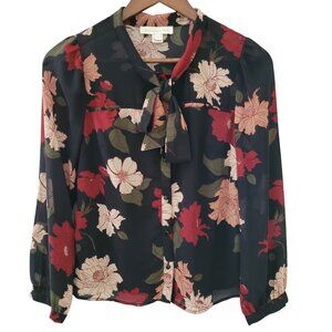 Monteau Los Angeles Floral Tie Front Blouse Womens Size S Sheer Lined Career